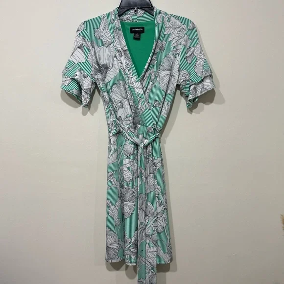 Liz Claiborne Green and White Floral Midi Dress